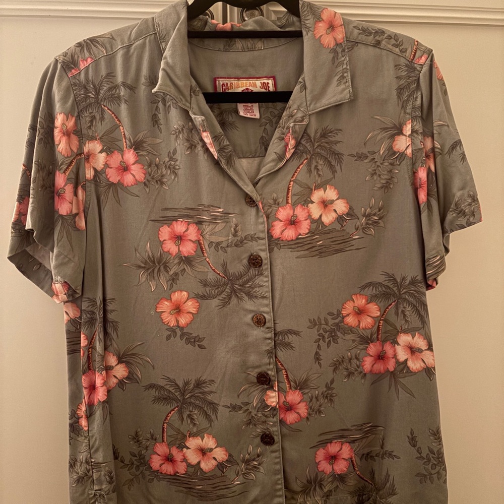Caribbean Joe Green Floral Button Down Shirt